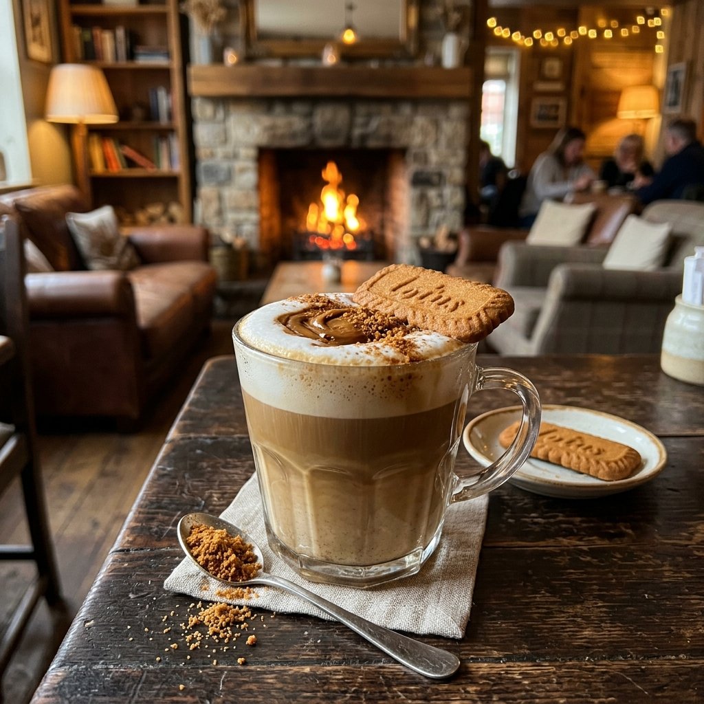 A freshly served cup of Biscoff Latte at Allure Cafe Perth table