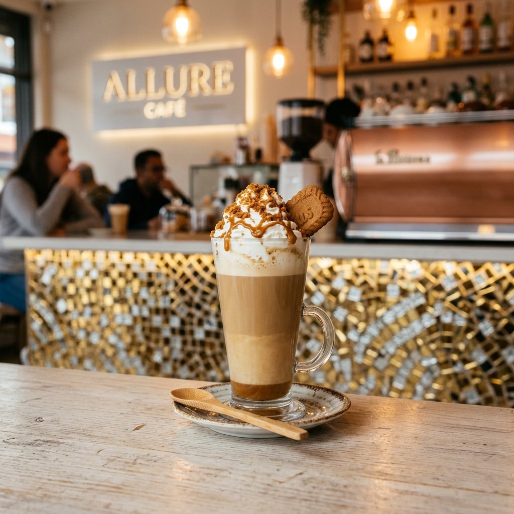 Biscoff Latte served at Allure Cafe Perth counter