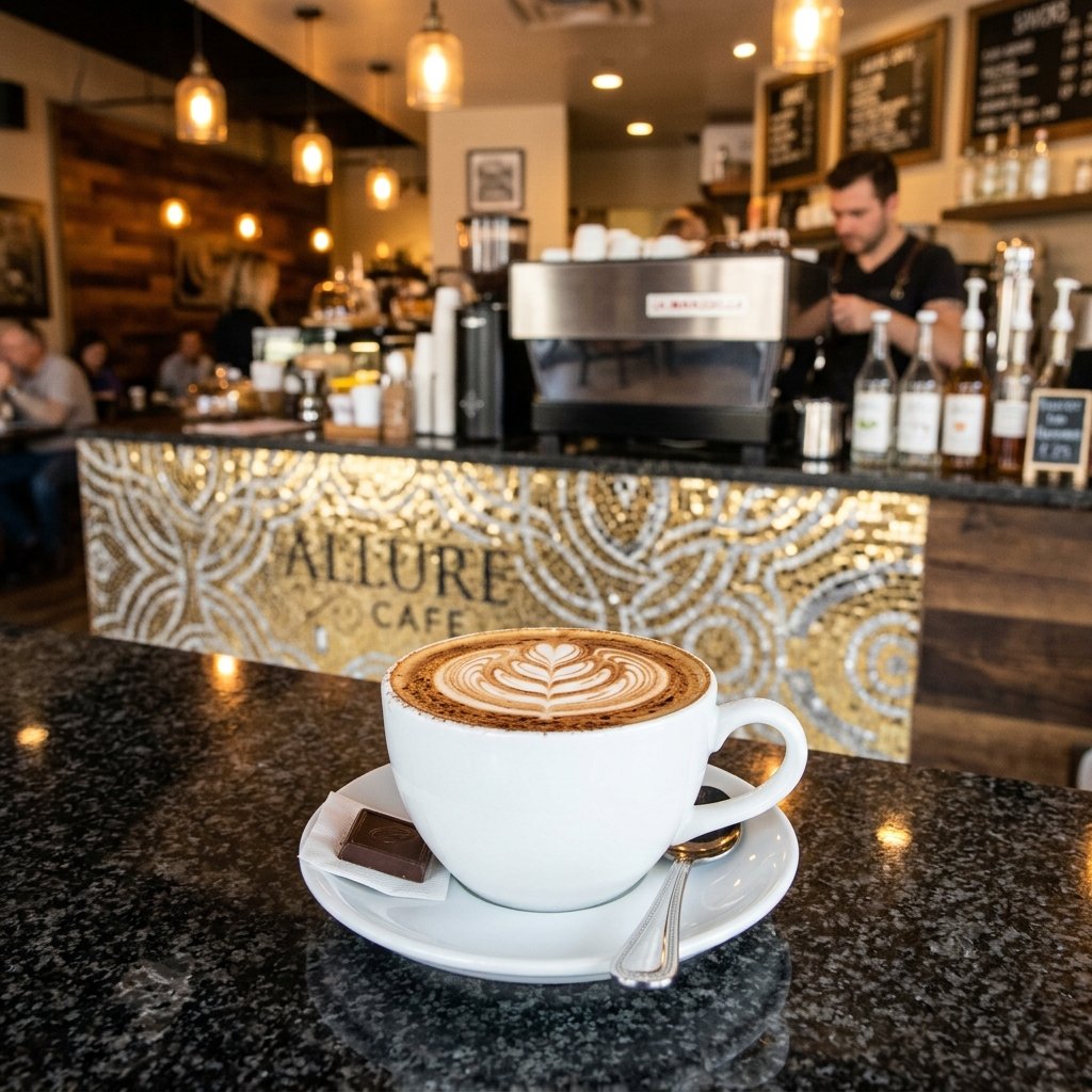 Cappuccino served at Allure Cafe Perth counter