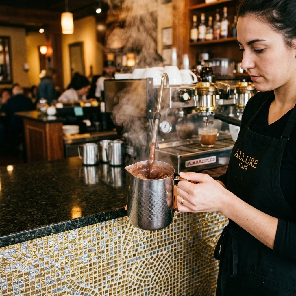 Hot Chocolate preparation process at Allure Cafe Perth counter